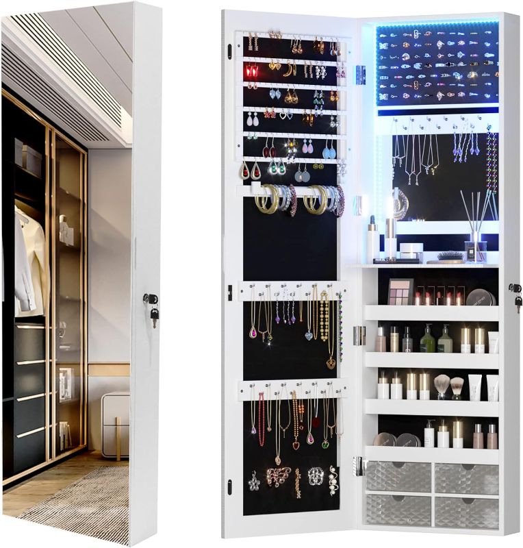 Photo 1 of  Jewelry Mirror Cabinet, Wall/Door Mounted Jewelry Armoire Organizer with Full-Length Mirror, Large Capacity Storage Hanging Cabinet, 4 Drawers, 5 Shelves, Built-in Lighted Mirror
