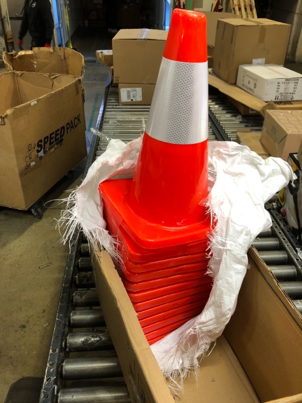 Photo 2 of 12 Pack 18" Traffic Cones Safety Road Parking Cones Weighted Hazard PVC Cones Construction Cones for Traffic Fluorescent Orange with w/4" Reflective Strips Collar Plastic Safety Signs (12)
