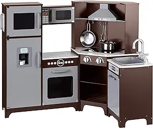 Photo 1 of Amazon Basics Kids Corner Wooden Kitchen Toy Playset with Stove, Oven, Sink, Fridge and Accessories, for Toddlers, Preschoolers, Children Age 3+ Years, Espresso/Gray, 39.37"L x 28.35"W x 35.04"H
