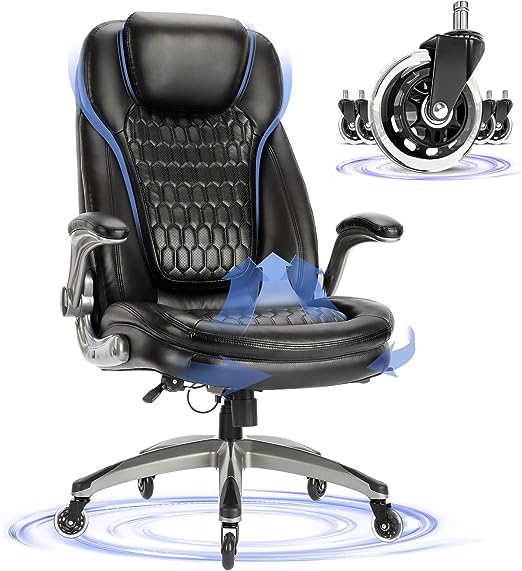 Photo 1 of COLAMY Office Chair-Ergonomic Computer Desk Chair with Thick Seat for Comfort, High Back Executive Chair with Padded Flip-up Arms, Stylish Leather Chair with Upgraded Caster for Swivel (Black, 300lbs)
