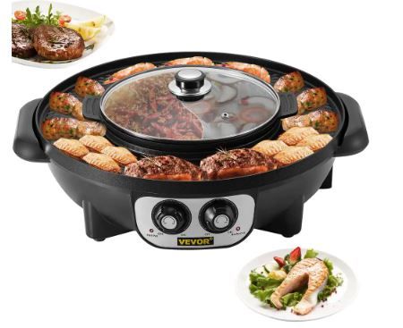 Photo 1 of 2 in 1 Electric Grill and Hot Pot BBQ Pan Grill Pot with Temp Control Smokeless Hot Pot Grill for 1-8 People Black
