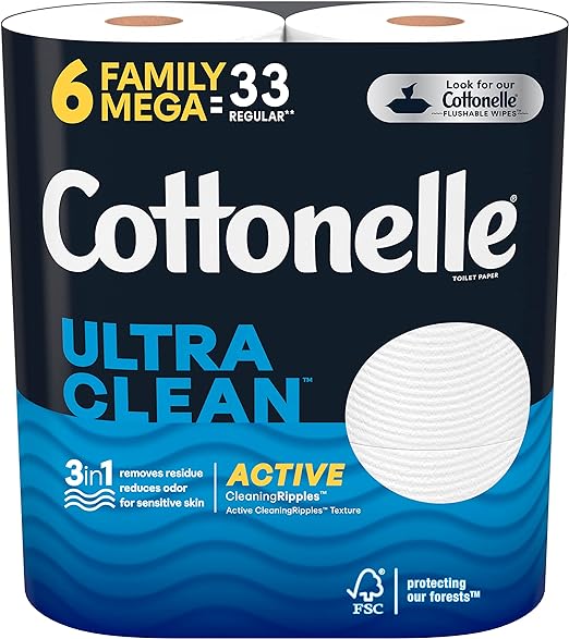 Photo 1 of Cottonelle Ultra Clean Toilet Paper with Active CleaningRipples Texture, Strong Bath Tissue, 6 Family Mega Rolls = 33 Regular Rolls, 388 Sheets per Roll
