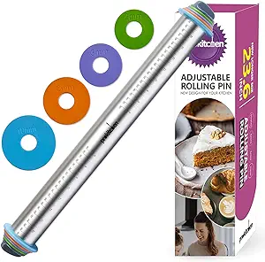 Photo 1 of 23.6 Inch Rolling Pin with Thickness Rings-Adjustable Stainless Steel Roller Guides Spacers Baking Tools for Dough Pizza Pie and Cookies by PROKITCHEN