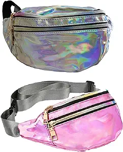 Photo 1 of 2 Pieces Holographic Fanny Packs Waterproof Color Sport Waist Pack with Adjustable Belt for Rave Party Festival Travel