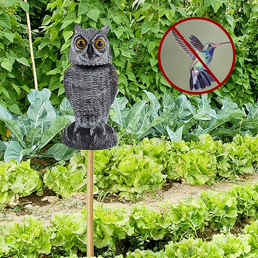 Photo 1 of Bird Scarecrow Fake Owl Decoy Sculpture, Rotating Head Plastic Owl Bird Deterrents, 10.6 Inch Height Nature Enemy Horned Pest Repellent for Outdoor Garden Yard