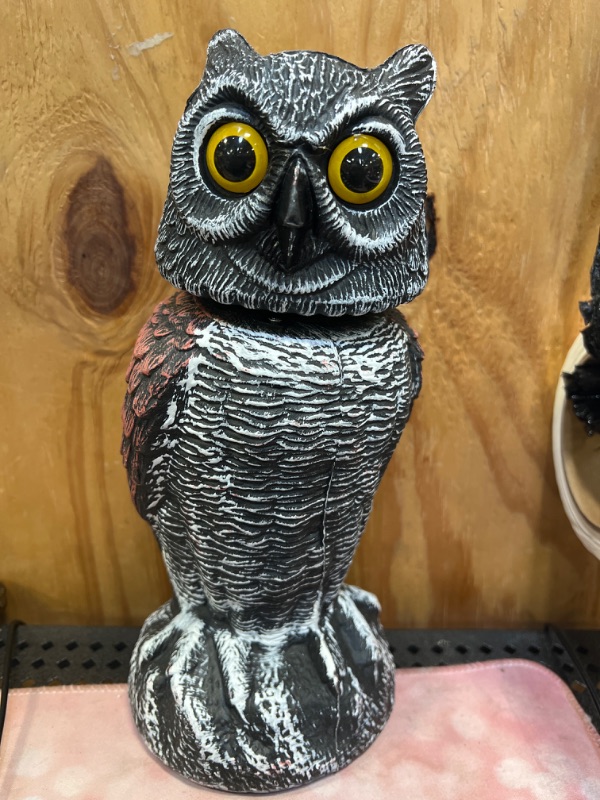 Photo 2 of Bird Scarecrow Fake Owl Decoy Sculpture, Rotating Head Plastic Owl Bird Deterrents, 10.6 Inch Height Nature Enemy Horned Pest Repellent for Outdoor Garden Yard