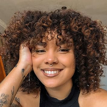 Photo 1 of Hanne Fashion Curly Afro Wig with Bangs Short Kinky Curly Wig for Women Synthetic Ombre Brown Curly Wigs Shoulder Length Glueless Afro Wig (1B/30#)