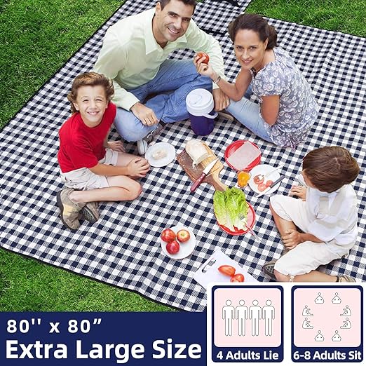Photo 1 of ZAZE Picnic Blankets Machine Washable, 80''x80'' Extra Large Waterproof Sandproof Foldable Compact Beach Blanket, Oversized XL Outdoor Mat for Spring Summer Camping, Park, Travel Grass(Blue and White)