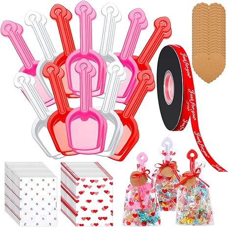 Photo 1 of 174 Pcs Valentine's Day Plastic Shovel Set Includes 24 Plastic Toy Shovels, 25 Candy Bags 1 Roll of Red Ribbon 24 I Dig You Labels Stickers and 100 Heart Gift Tags for Valentine's Party Favor Gifts