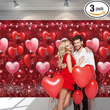 Photo 1 of 3Pcs Valentines Day Backdrop Decorations,Large Plastic Red Hearts Balloons Love Sign Banner Photography Background Sign for Engagement Weeding Birthday Valentine’s Day Party Decor,54 x108 inches