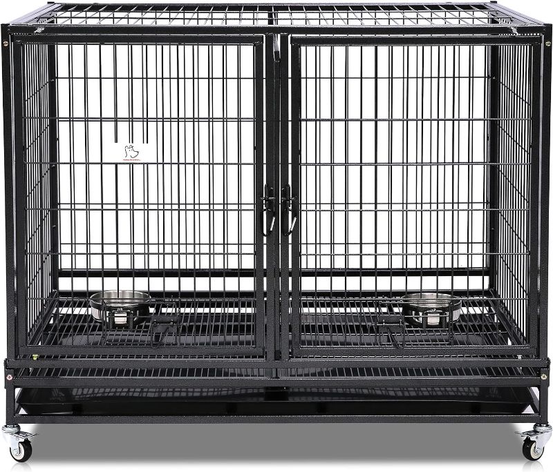 Photo 1 of 43" Stackable Heavy Duty Cage Crate Kennel with Feeding Doors,Removable Divider and Tray, Lockable Wheels Indestructible and Sturdy Locks Design (DG-43-FS)
