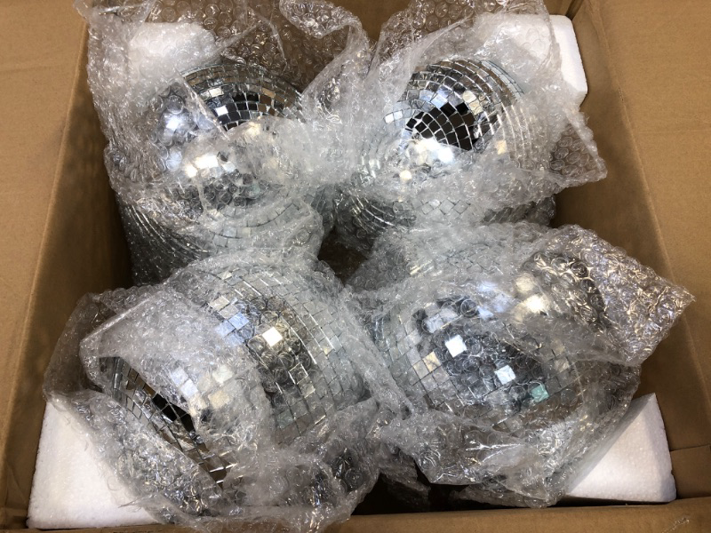 Photo 2 of 4 Pack Large Disco Ball Silver Hanging Disco Balls Reflective Mirror Ball Ornament for Party Holiday Wedding Dance and Music Festivals Decor Club Stage Props DJ Decoration (8 Inch)