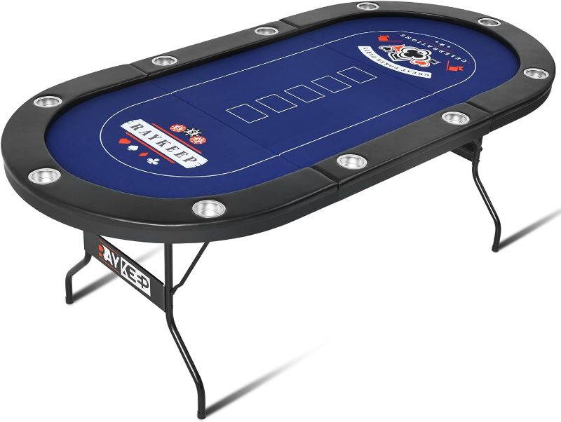 Photo 1 of 10 Player Poker Table Foldable, 84" Portable Casino Leisure Texas Holdem Table, Folding Game Table with Padded Rails and Cup Holders for Texas Card, Blackjack Board Game?Black
