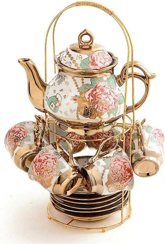 Photo 1 of CHANJOON Gold Plated Red Rose Ceramic Tea Set, Vintage Tea Set with Teapot, Beautiful Tea Set Coffee Serving 6 People (gilded rose)

