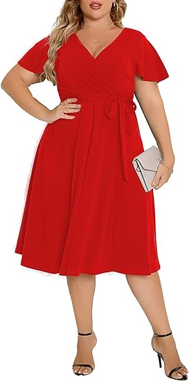 Photo 1 of 2XL Agmibrelr Women's Plus Size Flutter Sleeve Dress Deep V Neck A-Line Swing Midi Dresses