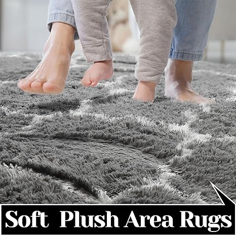 Photo 1 of Amdrebio Grey and White Rugs for Bedroom Living Room, 5 x 4 Area Rug, Modern Shag Fluffy Rug for Kids Room, Fuzzy Plush Accent Throw Rug for Dorm Classroom Office, Farmhouse Thick Carpet for Apartment