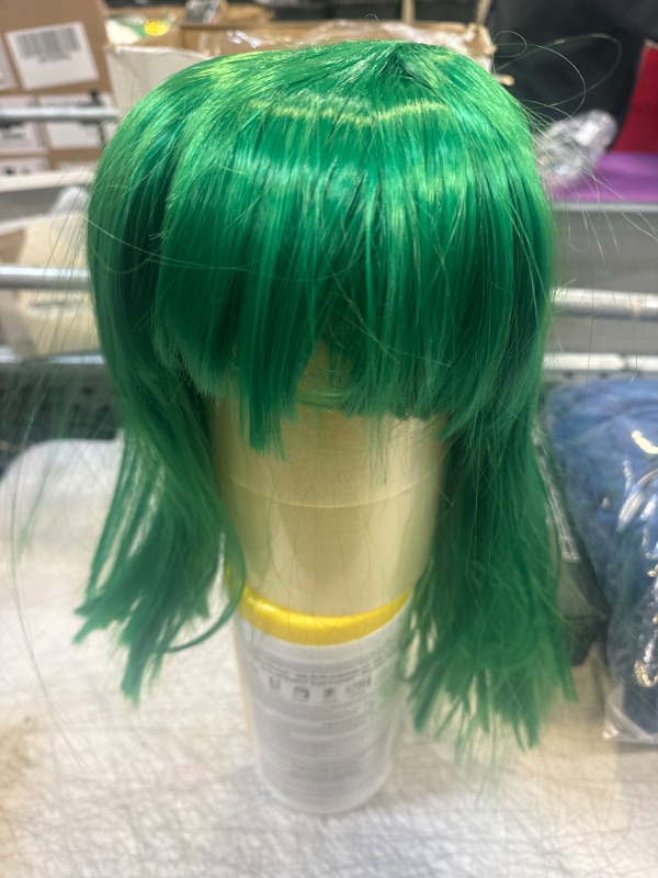 Photo 1 of 12 Inch Short Straight Bob Wig with Bangs Synthetic Colorful Cosplay Daily Party Flapper Wig for Women and Kids with Wig Cap (St Patricks Green)