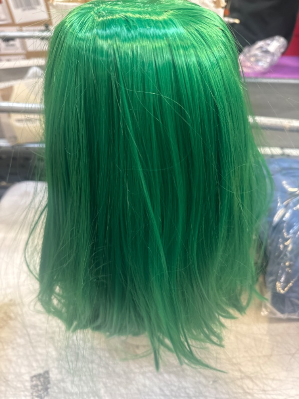 Photo 2 of 12 Inch Short Straight Bob Wig with Bangs Synthetic Colorful Cosplay Daily Party Flapper Wig for Women and Kids with Wig Cap (St Patricks Green)