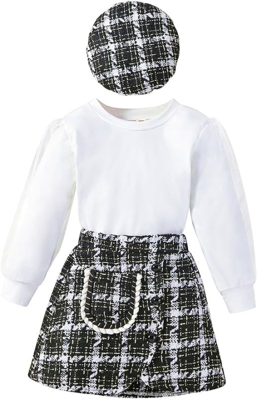 Photo 1 of 
SIZE 8/10 AMMENGBEI Toddler Girl Fall Winter Outfits Puff Sleeve Tops Plaid Tweed Skirt With Hat Set Kids Fashion Clothes