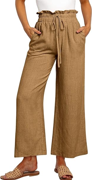 Photo 1 of ANRABESS Women's Linen Pants Casual Loose High Waist Drawstring Wide Leg Capri Palazzo Pants Trousers with Pockets