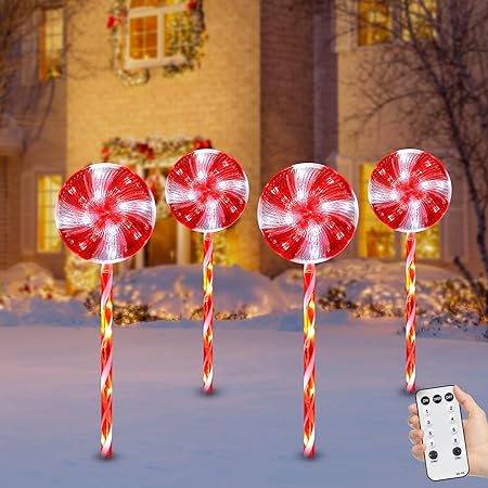 Photo 1 of 29'' Lollipop Christmas Pathway Lights, 4 Pack Candy Cane Christmas Decoration 80 LEDs Lighted Peppermint Pathway Markers with 8 Lighting Modes Lights Plugin for Xmas Outside Garden Yard Walkway Decor