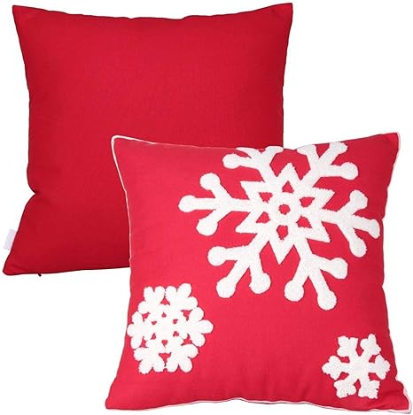 Photo 1 of 20 X 20 Inch 2PCs Embroideried Pillowcase?Christmas Holiday Falling Snowflake Cotton Linen Throw Pillow Cover Cushion Home Sofa Bed Car Decorative (Red)