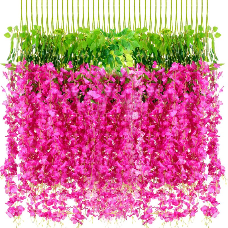 Photo 1 of 1 pack Fake Wisteria Hanging Flowers Wisteria Faux Flowers Garland Silk Wisteria Vine Rattan Long Hanging Flowers String for Home Outdoor Wedding Party (Rose Red)