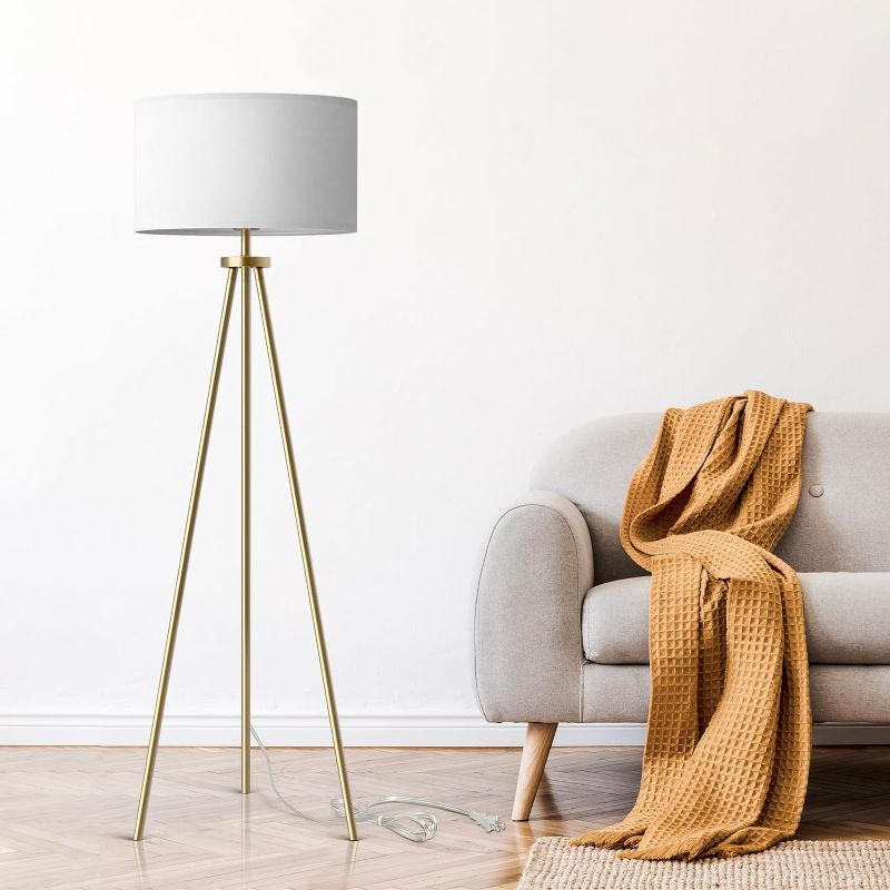 Photo 1 of ALLDIO Tripod Floor Lamps for Living Room, Modern Standing Lamp with Drum Shade, Simple Industrial Tall Lamp, 9W LED Bulb Included - Brass
