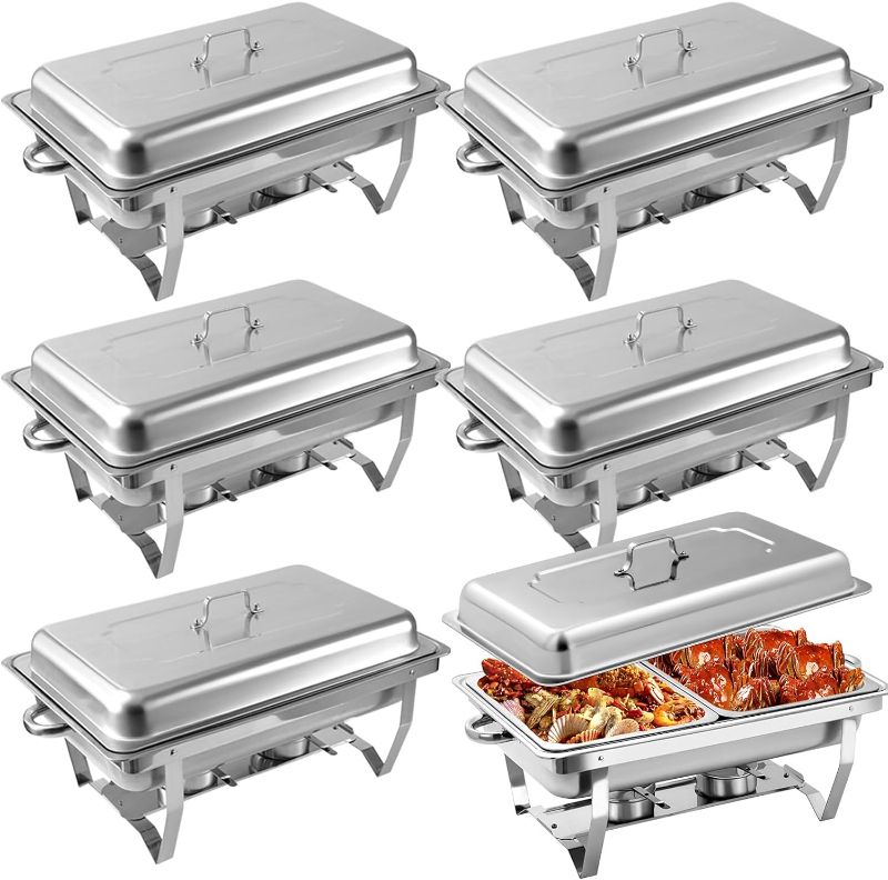 Photo 1 of 6 Pcs Chafing Dish Buffet Set, 8 Qt Stainless Steel Buffet Servers and Warmers with Foldable Frame, Food Pan x 2, Fuel Holder and Lid for Parties Banquet Wedding
