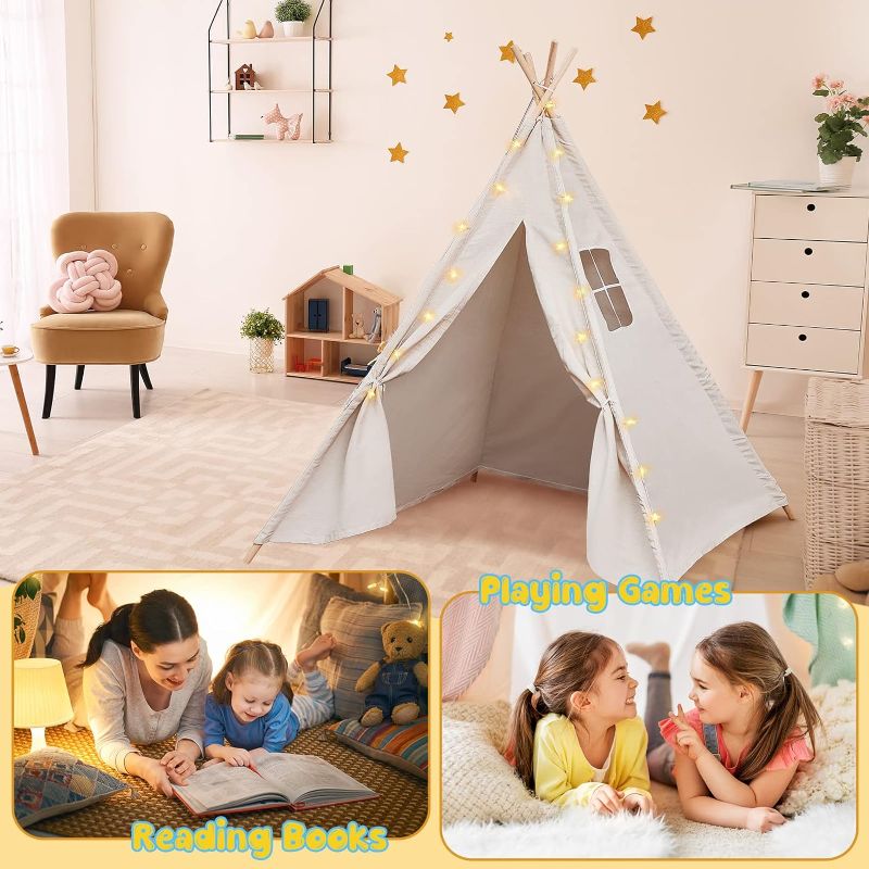 Photo 1 of Berlune Teepee Tens for Kids Cotton Canvas Play Tent with 10ft LED String Lights Indoor Outdoor Teepee Play Tent Kids Tipi Tent for Girls Boys Party Favor(Natural Color,Classic) Natural Color, Classic