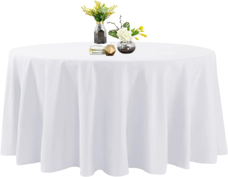 Photo 1 of 1 Round Tablecloth 120 Inch Cloth White Tablecloth for Round Table, Washable Polyester Table Cloth Stain and Wrinkle Resistant Decorative Table Cover for Wedding Party Dining Banquet White  120 Inch Round