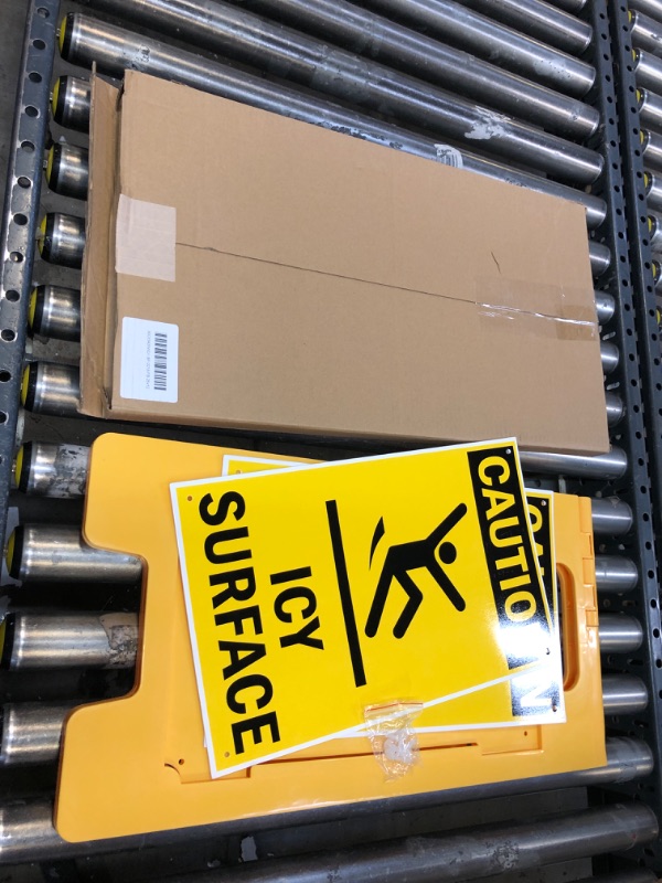 Photo 2 of SmartSign 25 x 12 inch “Caution - Icy Surface” Two-Sided Folding Floor Sign with Symbol, Digitally Printed Polypropylene Plastic, Black and Yellow Black on Yellow