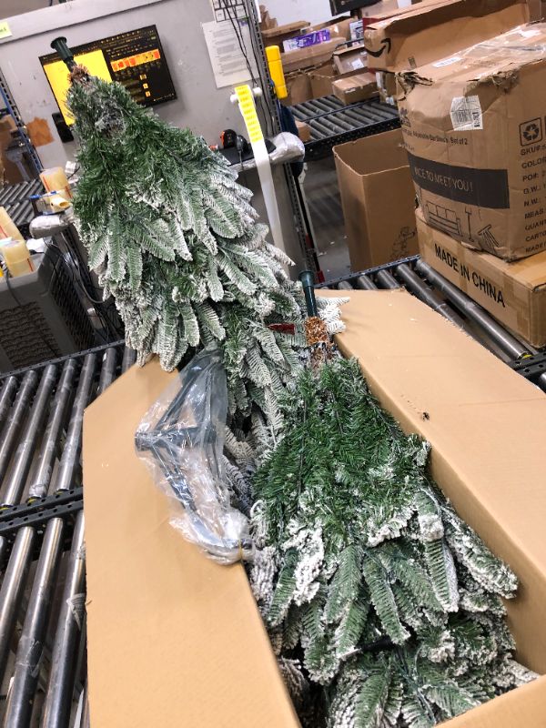 Photo 1 of Alupssuc 6ft Prelit Artificial Hinged Snow Flocked Christmas Tree, Warm White&Multi-Color Lights with Remote Control, Multi-layered Branch Tips, Foldable Metal Stand for Pre-lit X-mas Decoration, 6 FT 6ft / Pe+Pvc Flocked Tree