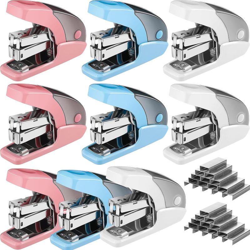 Photo 1 of Noveread 9 Pcs Effortless Mini Stapler with Staples Set Small Cute White Blue Pink Stapler, 20 Sheet Capacity, for Office School Daily Use, Gift for Student, Lightweight
