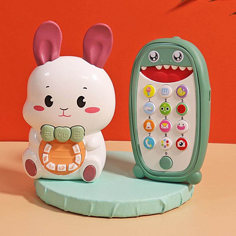 Photo 1 of Baby Phone Easter Bunny Music Toy Bundle, Removable Teether Case, Light & Adjustable Volume, Education Preschool Birthday Gift for Infant Kids Boys Girls 6-18 Months, Rabbit and Dinosaur (Green)
