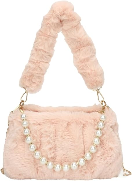 Photo 1 of Furry Shoulder Crossbody Bag for Women Fuzzy Faux Fur Hobo Tote Handbag Plush Handbag Pearl Chain Armpit Purse
