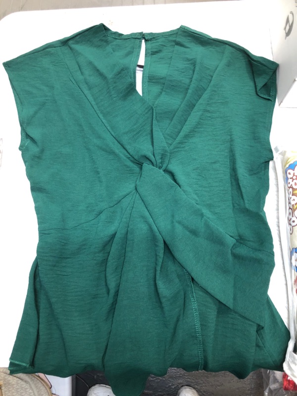 Photo 2 of +++USE STOCK PHOTO AS REFERENCE, COLOR IS GREEN +++ Umenlele Women's V Neck Short Cap Sleeve Twist Front Open Back Peplum Blouse Shirt Top - S