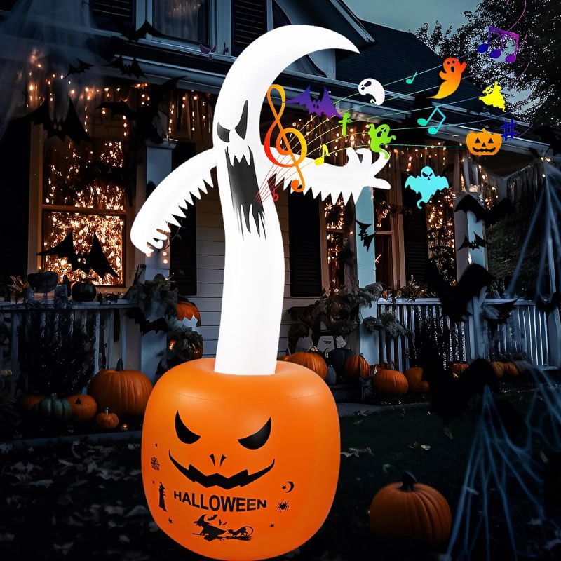 Photo 1 of 6FT Halloween Inflatables Outdoor Decorations Ghost Pumpkin Build-in Led & Scary Music,Blow Up Inflatables for Halloween Decorations Outdoor Indoor Yard Garden Lawn
