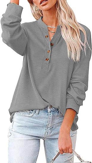 Photo 1 of +++USE STOCK PHOTO AS REFERENCE+++LYANER Women's Rib Knit Collar V Neck Button Down Long Sleeve Blouse Shirt Top - (KHAKI, M)