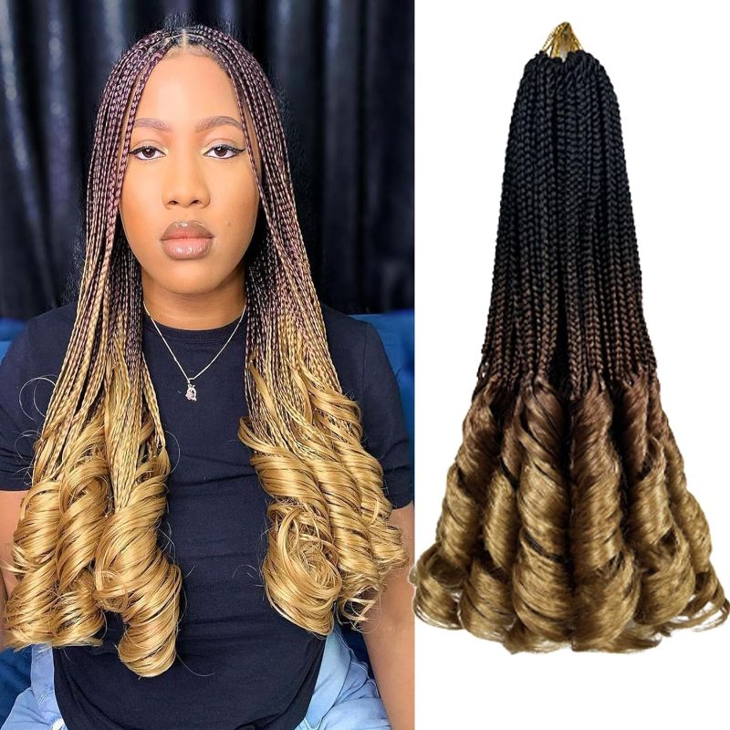 Photo 1 of French Curl Braiding Hair 18 Inch 8 Packs Goddess Box Braids Crochet Hair with Loose Wavy Ends, Pre-Looped French Curly Braiding Hair Ombre Brown Crochet Hair for Black Women (8Packs, 1B/30/27#)
