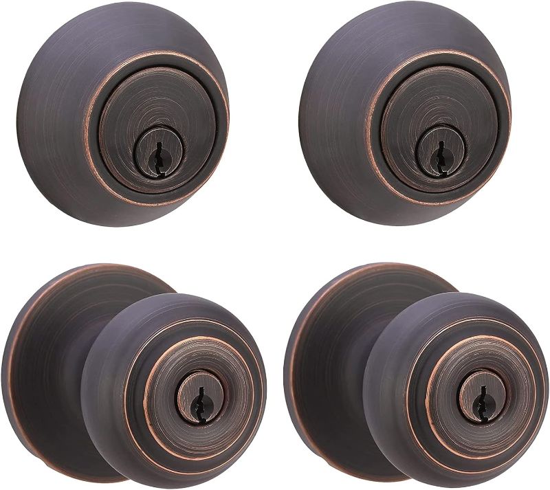 Photo 1 of Amazon Basics Exterior Knob With Key Lock and Deadbolt, Classic, Oil Rubbed Bronze, Set of 2
