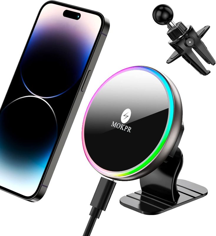 Photo 1 of MOKPR for Magsafe Car Mount Charger • 15W Wireless Car Charger • Magnetic Car Phone Holder • for Dash Air Vent • LED RGB HandsFree Car Mount • Fast Car Charger • for iPhone 15/14/13/12 Series
