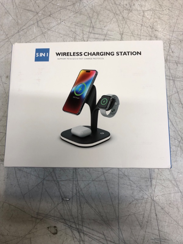 Photo 3 of Magnetic Charging Station, EXW 5 in 1 Fast Mag-Safe Wireless Charger Stand for iPhone 15,14,13,12 Pro/Max/Mini/Plus, Apple Watch 8/7/6/SE/5/4/3/2 and Airpods 3/2/Pro/Pro 2 with LED and Adapter (Black)