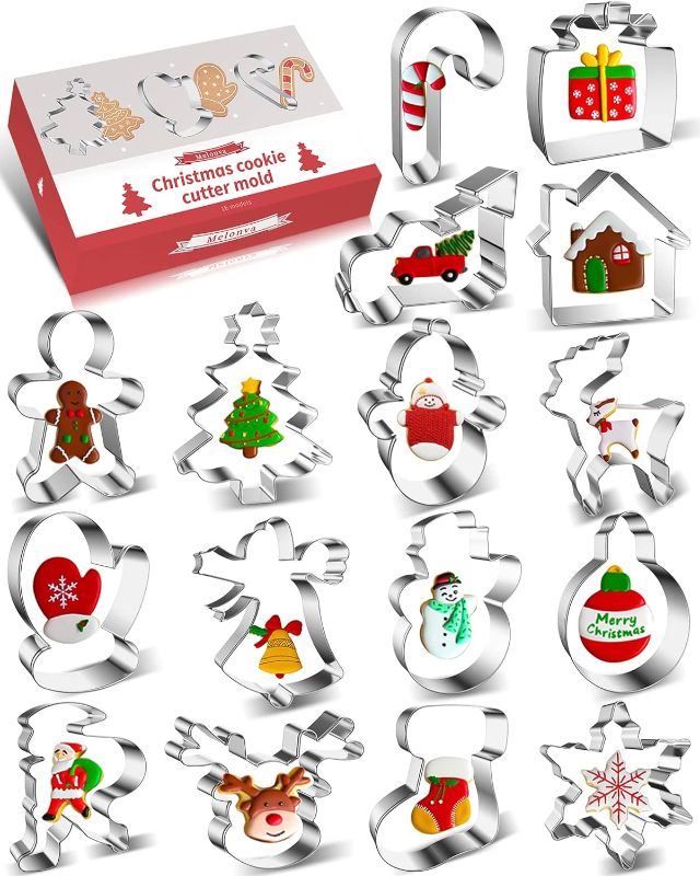 Photo 1 of 16 Pcs Christmas Cookie Cutters Winter Set with Decorating Instructions Stainless Steel Gingerbread Man Tree Snowflake Candy Cane Santa Snowman And More
