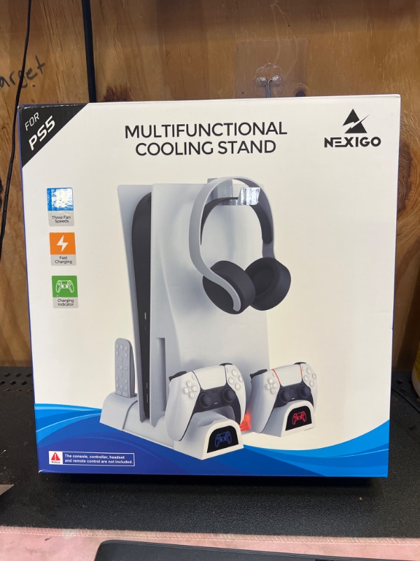 Photo 2 of NexiGo PS5 Accessories Cooling Stand with LED Lighting Fans and Dual Controller Charger Station for Playstation 5 Console, Upgraded Multifunctional Stand with Charging Dock, 10 Game Slots, White