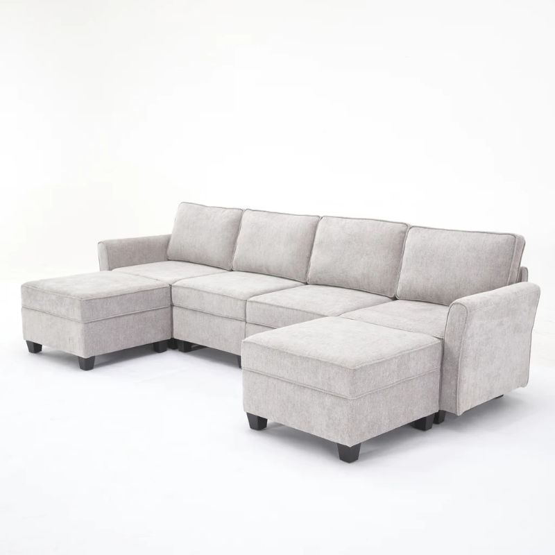 Photo 1 of *BOX 1 OF 2*; MIA CHENILLE MULTI-CONFIGURATION SECTIONAL SOFA WITH STORAGE AND ADJUSTABLE ARMREST/BACKREST
