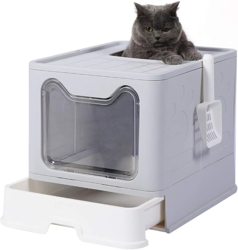 Photo 1 of GENENIC Large Foldable Cat Litter Box Pan with Lid, Cat Potty ,Top Entry Type Anti-Splashing Cat Supplies with Pet Plastic Scoop(Grey)
