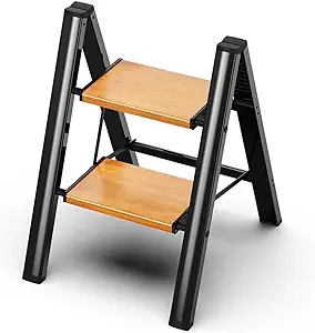 Photo 1 of 2 Step Ladder, Aluminum Lightweight Folding 2 Step Stool with Anti-Slip Wide Pedal, 330lbs Capacity Steel Ladder for Household and Office(Black&Woodgrain) Black&woodgrain 2 step