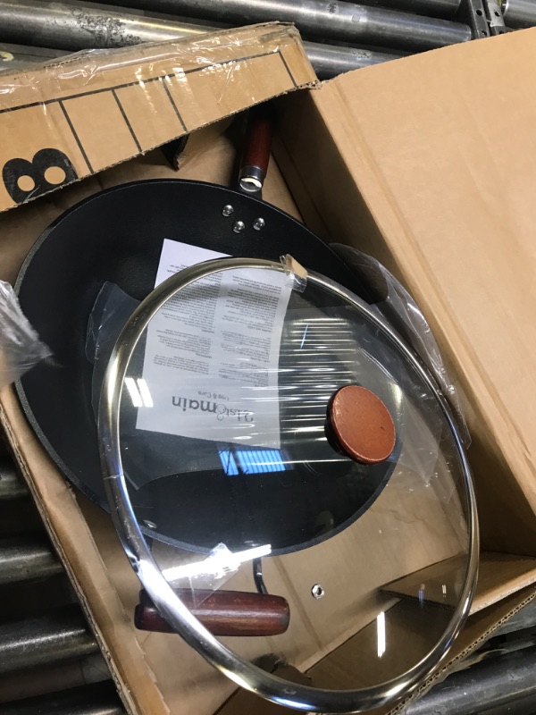 Photo 2 of 21st & Main Light weight Cast Iron Wok, Stir Fry Pan, Wooden Handle, with Glass lid, 14 Inch, chef’s pan, pre-seasoned nonstick, commercial and household, for Chinese Japanese and others Cooking 14 inch with lid