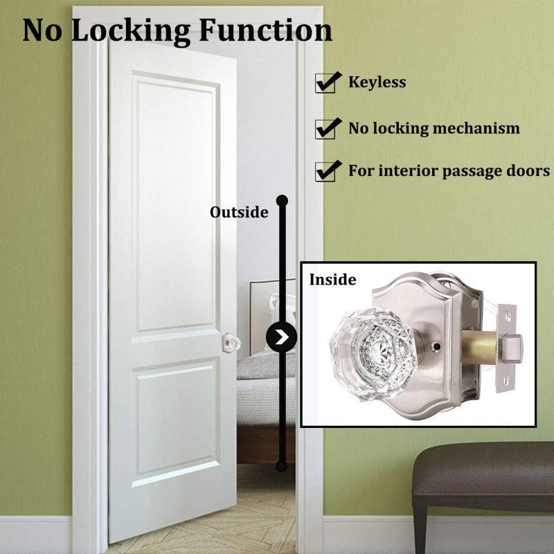 Photo 3 of 1pc Gobrico  Crystal Door Knobs Interior Glass Door Knob Lock with Satin Nickel Rosette,Passage Function for Hall Closet Pantry,Octagon Shape Clear Diamond Knobset 